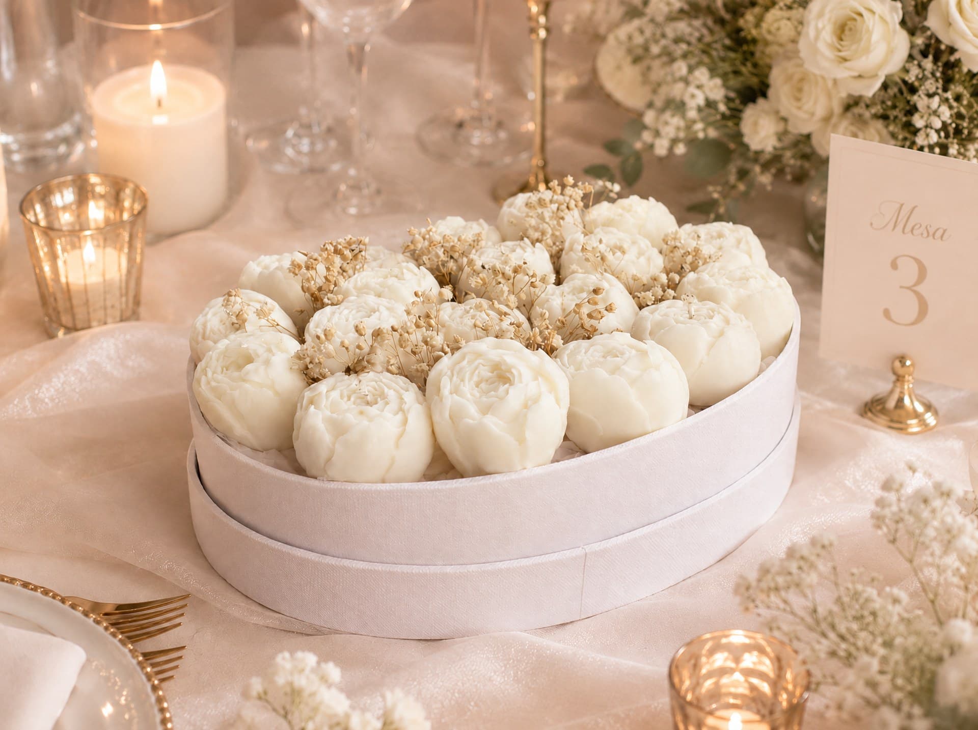 Caja de mini bouquets Velis para boda, numerada por mesa